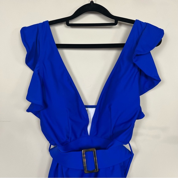 ONE PIECE SWIMSUIT PLUNGE V RUFFLE NECKLINE WITH BELT COBALT BLUE SIZE XL - Picture 7 of 15